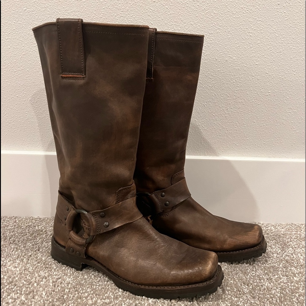 Frye strap boots, square toe